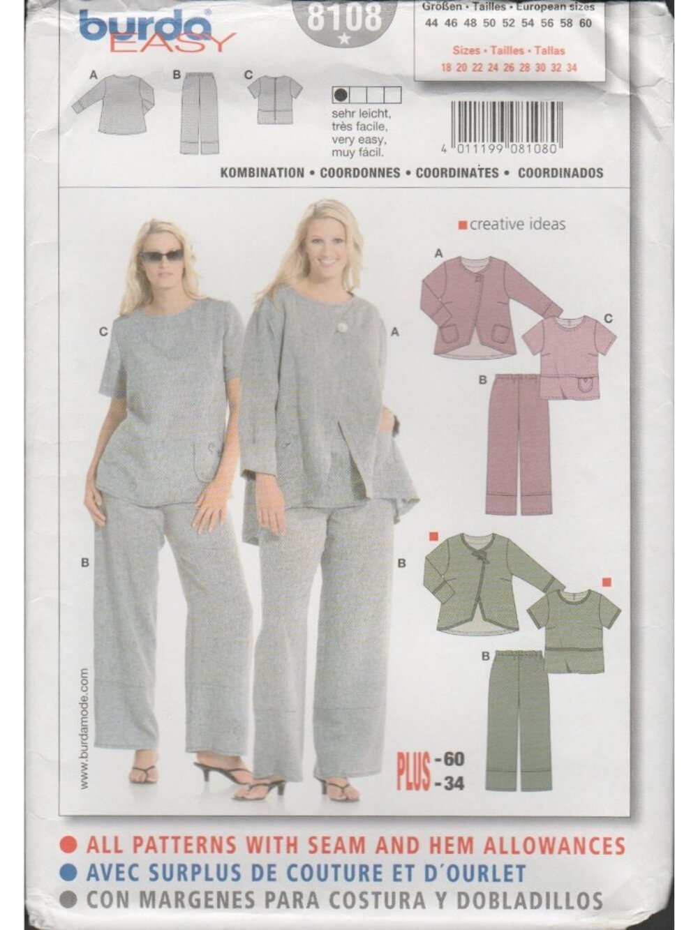 Burda 8108 Comfy Jacket Top Pants Set Pattern Misses Plus Size 18-34 Uncut